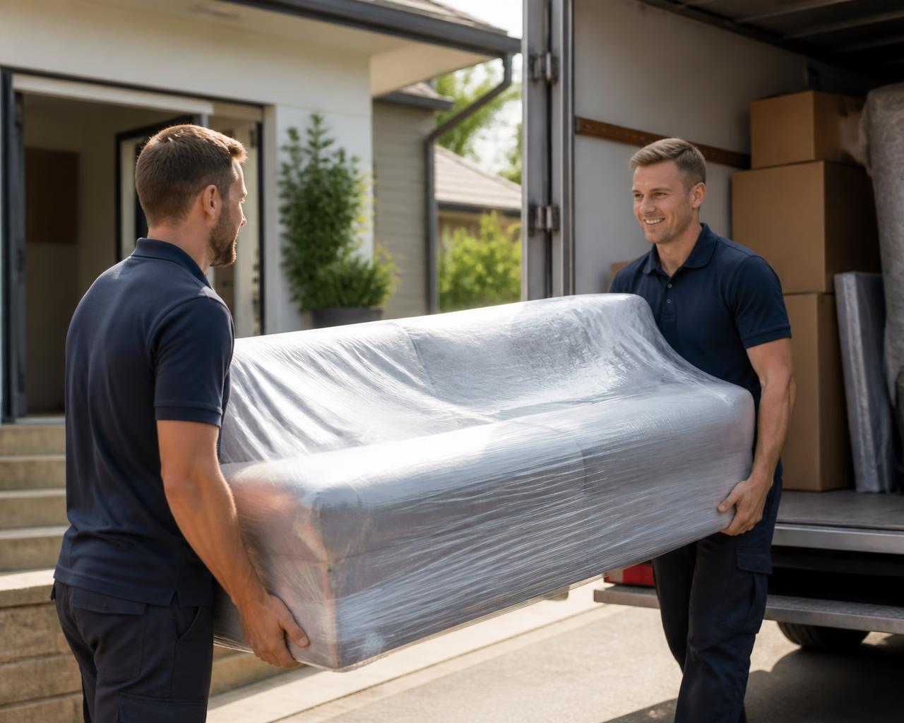 Australian removalists carrying a wrapped sofa into a truck